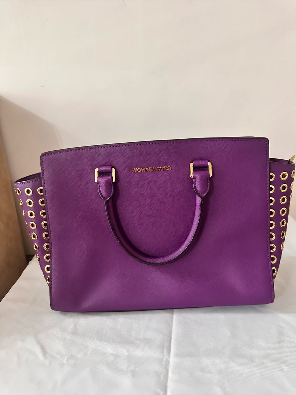 Michael Kors Purple Saffiano Satchel with Gold Eyelet Trim